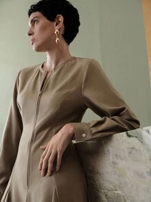 Uhlyne - Đầm cổ tròn dài tay vải lanh cao cấp thanh lịch dành cho nữ, thiết kế khóa kéo ở eo, trang phục công sở thường ngày cho mùa thu - Màu Khaki - Xem 2