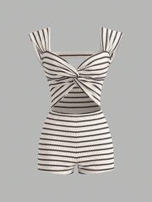 SHEIN PETITE 女士度假针织条纹前扭纹锁孔露背连体裤 - 黑與白 - 查看 1