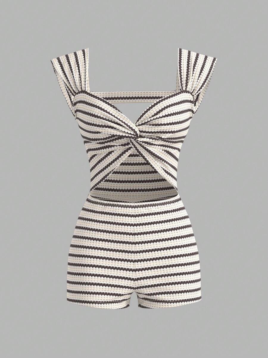 SHEIN PETITE 女士度假针织条纹前扭纹锁孔露背连体裤 - 黑與白 - 查看 1