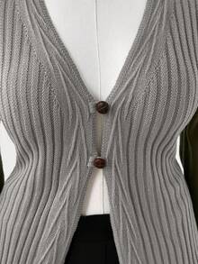 Sunspun 加大码女式波西米亚风格纽扣前针织开衫，适合所有季节，是度假装的理想选择 - 灰色 - 查看 6