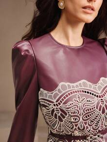 Anewsta Women's Elegant Christmas & Everyday Wear Wine Red Embroidered Hollow-Out Long Sleeve Round Neck Belted Short Dress, Premium Autumn/Winter New Arrival - Burgundy - View 1