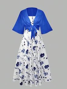 Franclia 大码女式碎花雪纺连衣裙搭配优雅开衫套装，夏季女式碎花连衣裙雪纺外套蓝色花朵连衣裙蓝色夏装蓝白连衣裙女 - 寶藍色 - 查看 8