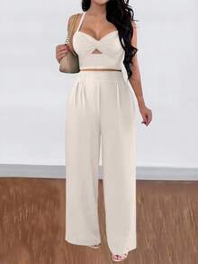 Silhoulove 2件套性感度假扭纹后绑带宽松阔腿裤套装 - 杏色 - 查看 4