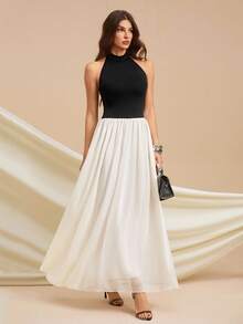 SHEIN Tall 女式无袖撞色休闲长裙 - 黑與白 - 查看 1