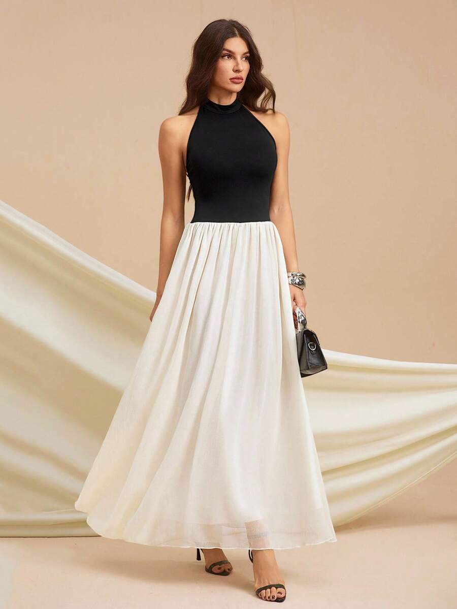 SHEIN Tall 女式无袖撞色休闲长裙 - 黑與白 - 查看 1