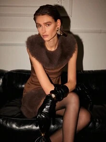 Almamuse 2pcs/Set Casual Elegant Coffee Brown Fur Collar Sleeveless Vest & Fluffy Hem Skirt Set For Women,Autumn Winter Luxury Trimmed Dress For Dining,Office - Coffee Brown - View 6