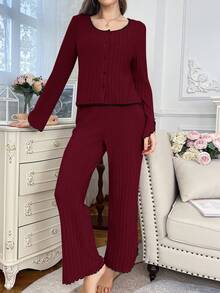 Women's Casual Fleece Long Sleeve Top And Pants Pajama Set, Autumn/Winter Women Two Pieces Sleepwear Burgundy Pajama Set Ribbed Pajama Set Women Lounge Wear Sets Two Pieces Pajama Set Two Pieces Sleepwear Set Sleep Wear Women 2 Pieces Set Pajamas Set Two Pieces, Cozy Outfit, Fall Clothes