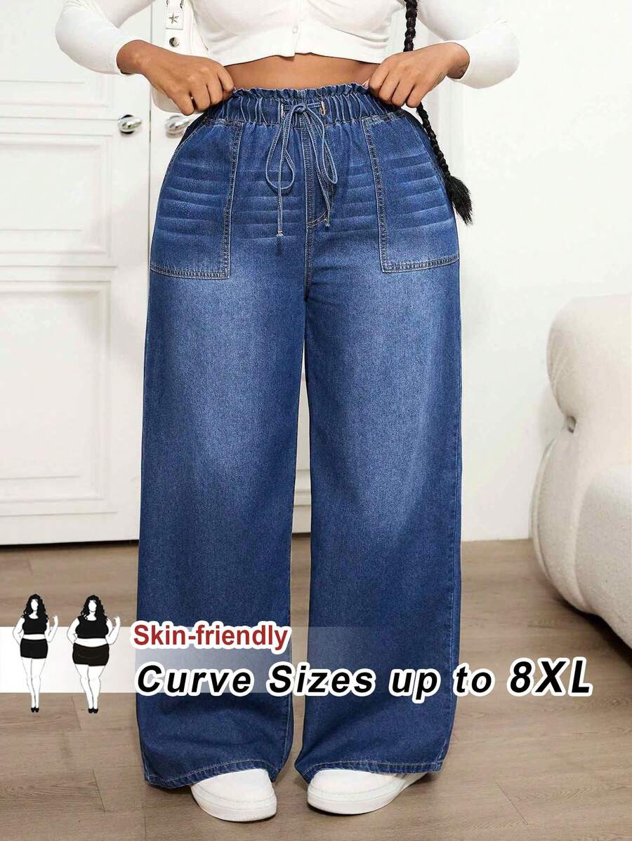 SHEIN CURVE+ 大码休闲水洗阔腿抽绳腰牛仔裤 - 藍色 - 查看 1