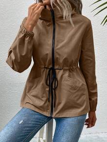 EMERY ROSE Women's Solid Color Long Sleeve Drawstring Waist Casual Zip-Up Hooded Jacket, Autumn