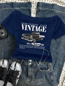 Attitoon Áo thun nữ tay ngắn ôm sát, hở vai, họa tiết ô tô và chữ cổ điển, phù hợp cho mùa hè - Màu xanh hải quân - Xem 5