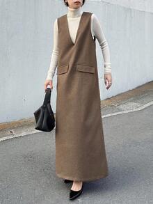 FRIFUL 女士纯棕色V领无袖直筒长裙，秋季连衣裙，户外连衣裙，秋季女装 - 咖啡棕 - 查看 4