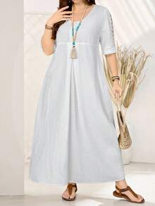 EMERY ROSE 大码女式夏季假日白色蕾丝拼接长款带口袋连衣裙