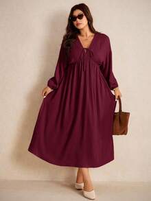 Elaquor Vestido de manga farol de unicolor para talla grande, casual y de uso diario - Burdeos - Ver 4