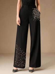 Anewsta 时尚女式串珠口袋宽腿宽松裤 - 黑色 - 查看 6