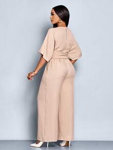 SOLERSUN Early Fall Women's Wear Elegant Commuter Daily Leisure Apricot Color Yarn-Dyed Woven Fabric Cross-Wrap V-Neck Back Slit Button Removable Belt Tie Knot Batwing Sleeves Three-Quarter Sleeves Gathered At Waist Jumpsuit Trousers - Khaki - View 2