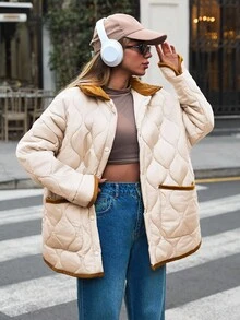 EURMUSE Áo khoác chần bông Golden Accent – Đường khâu kim cương ấm cúng với chi tiết nhung kẻ - Màu be - Xem 6