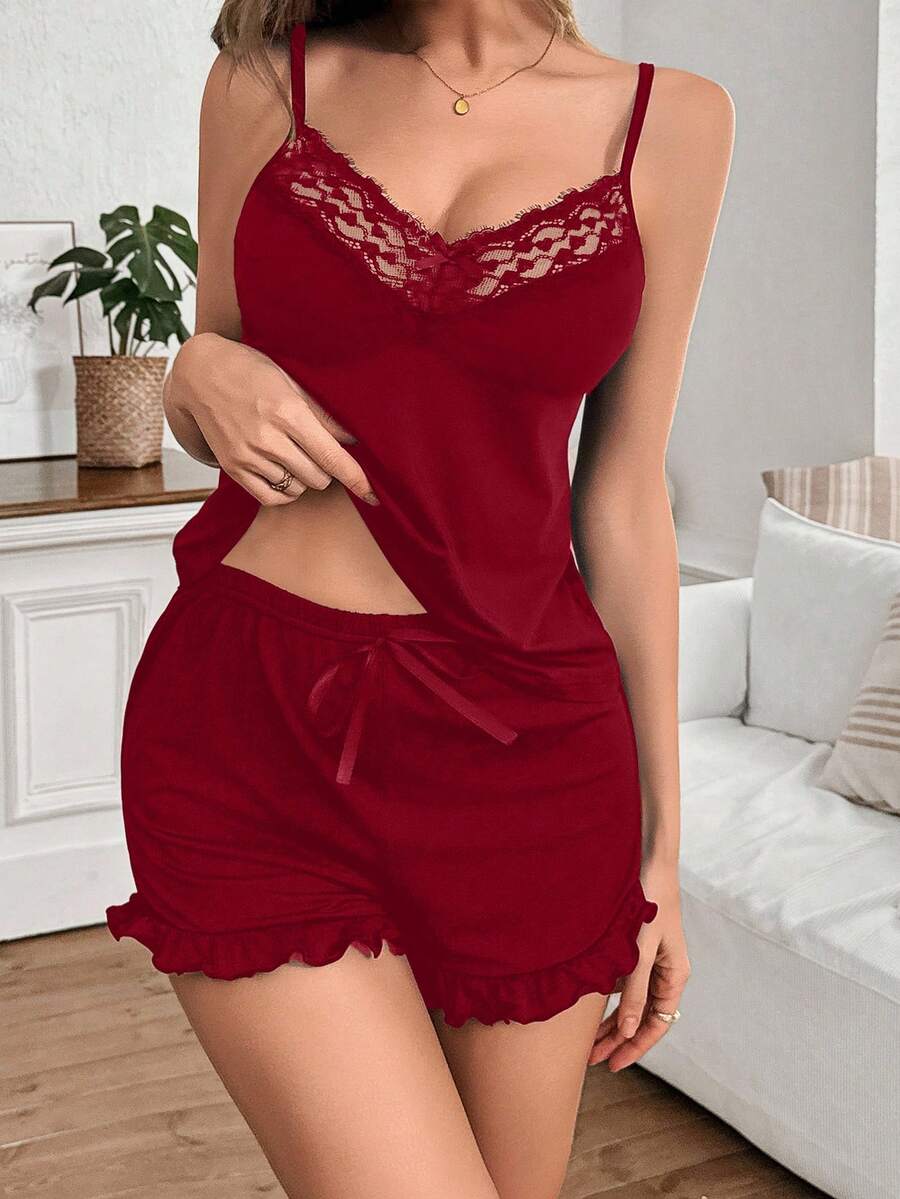 SHEIN 性感蕾丝拼接纯色牛奶丝吊带背心和短裤女士睡衣套装