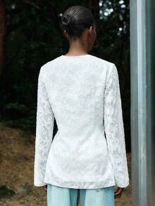 Lumivelle Women's Autumn V-Neck Jacquard Fabric Bow Tie Blouse