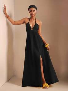 Zivah 新款春夏休闲假日露背露肩胸围、腰围和后背摆裙，前开叉至大腿，黄色海条纹女式超长连衣裙-B