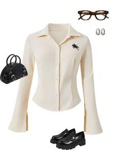 Teen Girl Casual Versatile Minimalist Shirt, With Black Knight Graphic On Chest And Curved Hem, Suitable For Outings, Shopping, School, Commuting, Can Be Paired With Jackets, Coats, Pants Fall Winter - Apricot - View 3