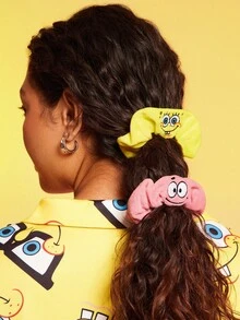 SpongeBob SquarePants | SHEIN 2Pcs Cute Embroidered Short Plush Hair Scrunchies Cartoon Large Intestine Hair Bands Elastic Hair Ties Hair Accessories For Everyday, Casual Suitable For Daily Styling High Ponytails In Yellow And Pink Patrick