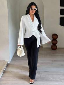 SHEIN SXY Eleganter Business-Lässig geknoteter Blazer mit Langarm, weißes elegantes Top, weißer Blazer für Damen, weißes Top mit Schleife, weiße elegante Blusen, weiße Langarm-Bluse Herbst-Winter-Kleidung für Damen - Weiss - Übersicht 4