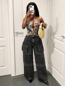 Slaydiva Women's Cargo Pocket Thermal Lined Loose Fit Wide Leg Casual Jeans - Dark Grey - View 6