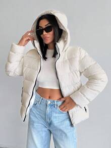 EURMUSE Contrast Zipper, Hooded, Padded, Winter Coat - White - View 5