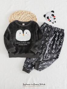 Cozy Pixies 2pcs/Set Young Boy Cartoon Penguin Print Crew Neck Long Sleeve Sweatshirt And Elastic Waist Thermal Lined Jogger Pants,Winter,Family Matching Fall - Grey - View 7