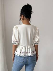 Breezaya French Elegant Romantic V-Neck Tie Floral Print Women Summer Blouse