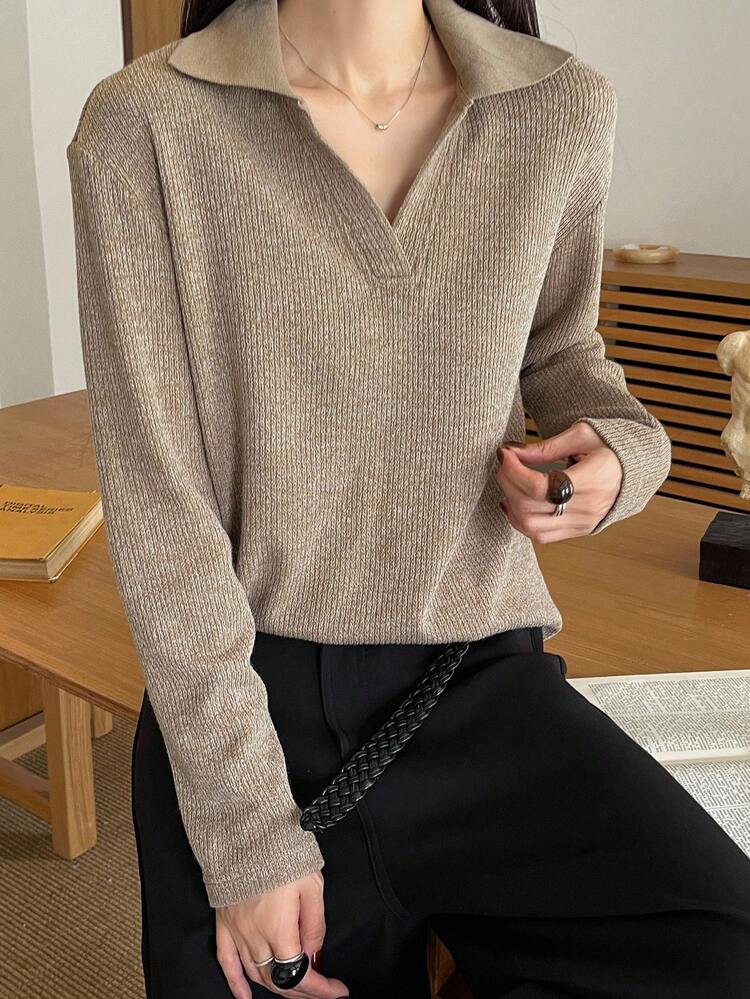 Women's Loose Business Casual Solid Color Knit Patchwork Long Sleeve T-Shirt, Suitable For Office Wear In Autumn