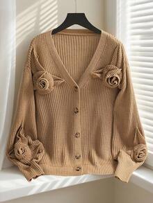 Franclia Áo khoác cardigan cổ chữ V đơn giản, thoải mái, thời trang mùa thu, rộng rãi, đa năng với họa tiết hoa 3D, phù hợp cho mùa thu/đông - Lạc đà - Xem 1