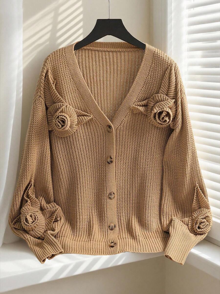 Franclia Áo khoác cardigan cổ chữ V đơn giản, thoải mái, thời trang mùa thu, rộng rãi, đa năng với họa tiết hoa 3D, phù hợp cho mùa thu/đông - Lạc đà - Xem 1
