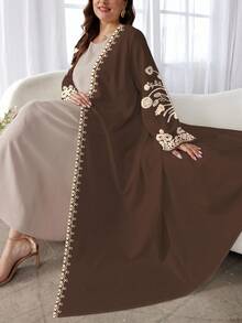 SHEIN Najma Plus Size Women's Floral Print Long Sleeve Casual Arabic Abaya Robe, Suitable For Spring And Autumn - Multicolor - View 4