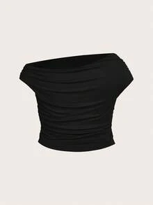 Sweetra Camiseta de manga corta con hombros descubiertos de unicolor para mujer de talla grande, top casual ajustado y sexy para el verano con hombros descubiertos - Multicolor - Ver 8