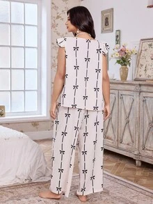CottageSlumber Plus Size Romantic Bow Print Tie-Up Ruffle Hem Pajama Set Bow Print Pajamas Summer Lounge Sets For Women