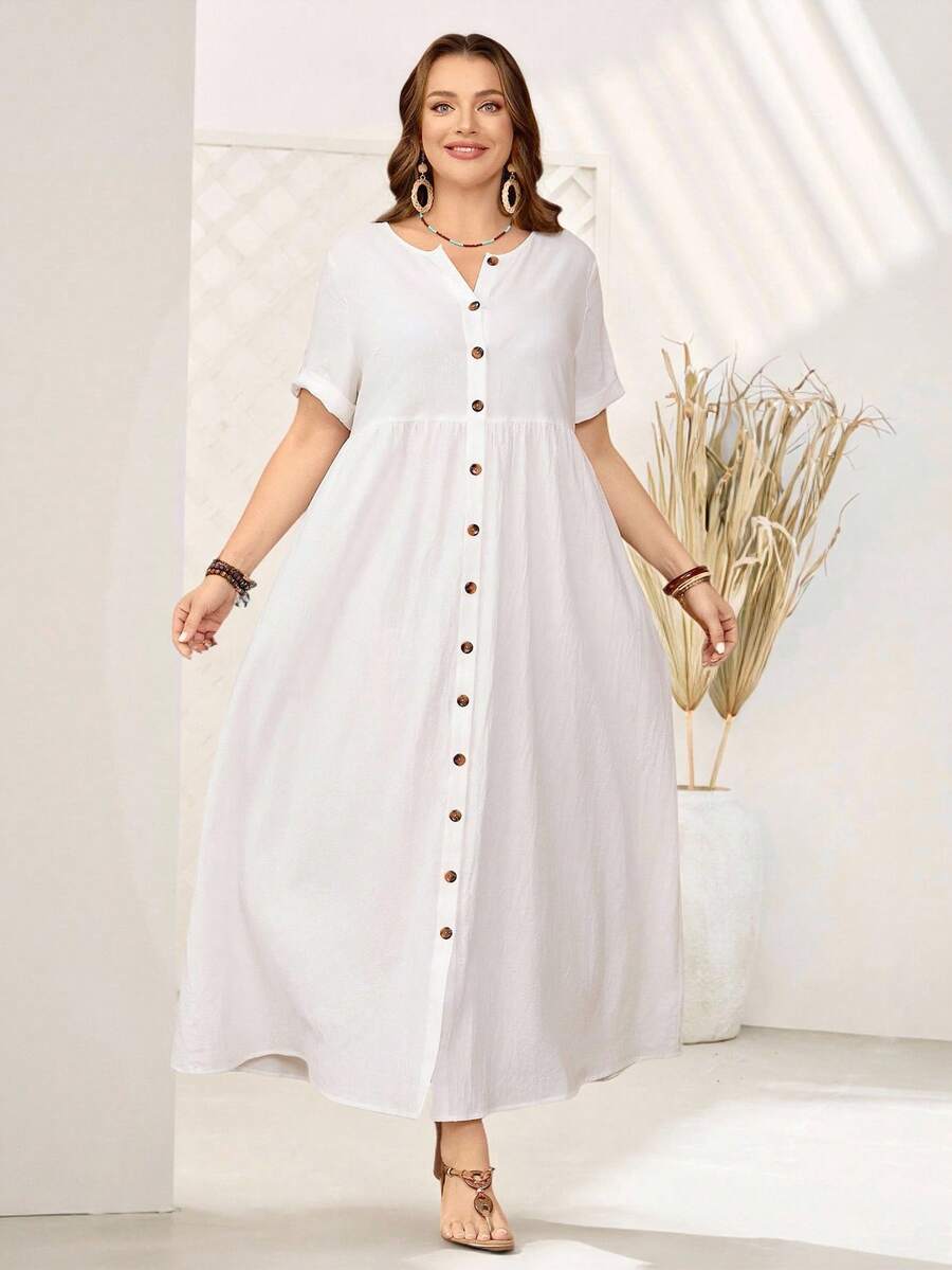 EMERY ROSE 大码夏季乡村圆领单排扣休闲夏装，适合度假 - 白色 - 查看 1