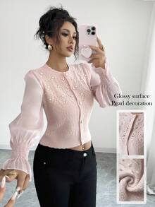 Elenzga 女士纯色珍珠装饰优雅开衫 - 粉色 - 查看 1