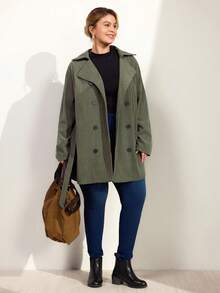 Momelise 大码女式束腰中长款风衣，户外秋冬夹克 - 軍綠色 - 查看 4