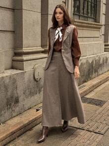 DAZY 2件套女士千鸟格无袖夹克和A字裙休闲套装，秋冬 - 棕色 - 查看 1