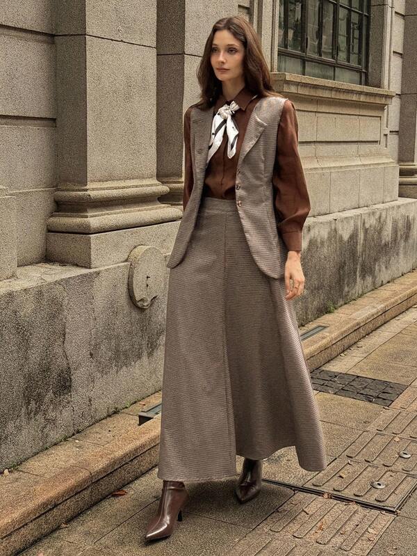 DAZY 2件套女士千鸟格无袖夹克和A字裙休闲套装，秋冬