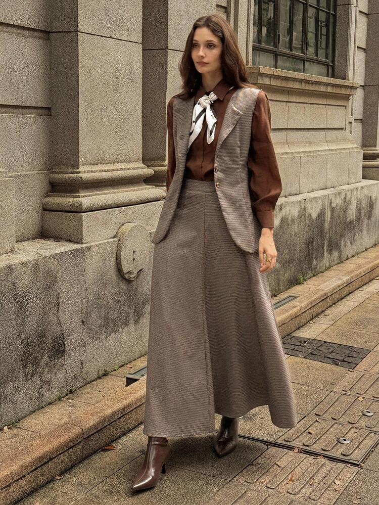 2pcs/Set Women Houndstooth Sleeveless Jacket & A-Line Skirt Casual Suit, Autumn/Winter