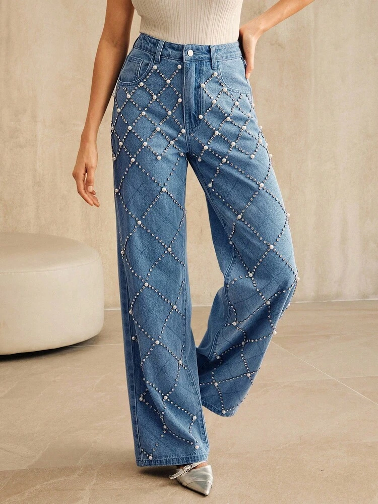 Falda vaquera con diamantes y adornos de cuentas, adecuada para otoño, invierno, Año Nuevo, elegante, chic, con estilo, Navidad, salir