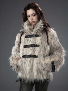 ROMWE Grunge Punk Abrigo reversible holgado de cuello alto con estampado de lunares y cuello de piel sintética, versátil, elegante y de estilo urbano para mujer en otoño/invierno y Halloween