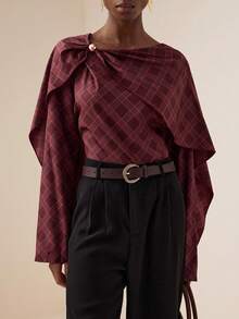 Vesra Chic Plaid Beaded Twist Knot Loose Blouse Fall Cloth For Women - Red - View 3