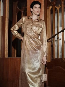 Uhlyne Váy dài tay đính nút kim loại tối giản màu vàng dành cho nữ, phù hợp cho tiệc tùng và hẹn hò mùa thu/đông - Vàng - Xem 6