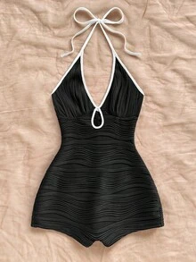 Soleia 女士休闲度假新款 V 领露背系带蝴蝶结镂空黑白撞色修身罗纹连体裤，适合派对、约会、下午茶、海滩