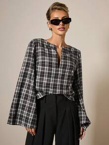 COSMINA Women's Elegant V-Neck Bowknot Decor Bell Sleeve Plaid T-Shirt, Autumn/Winter - Black - View 1