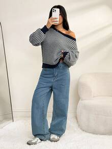 SHEIN PETITE Áo len trễ vai họa tiết sọc ấm áp cho mùa thu đông - Nhiều màu - Xem 8