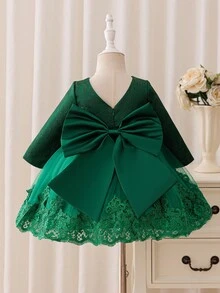 Glamorique Kids 圣诞节女婴连衣裙、冬季派对连衣裙、圣诞老人连衣裙、新年连衣裙、秋季连衣裙 - 女婴蕾丝网眼泡泡袖公主裙，背部饰有大蝴蝶结，翠绿色 - 綠色 - 查看 1